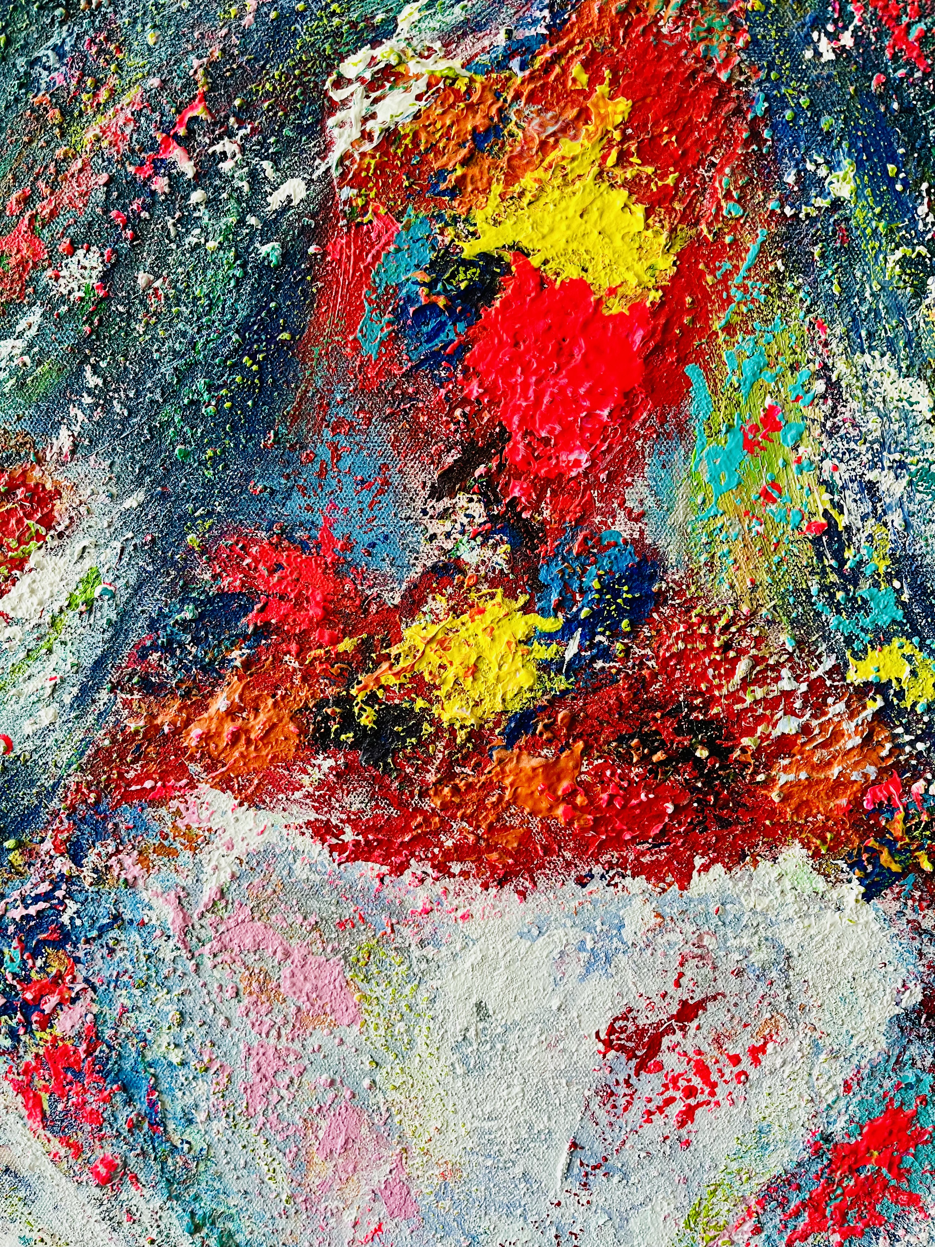 Blue abstract painting with white dots resembling snow